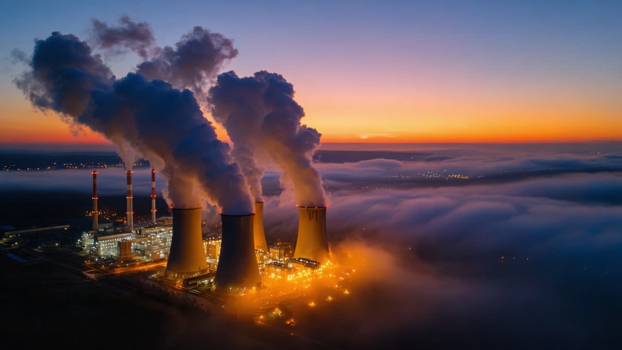 Vista aerea di una centrale elettrica al tramonto con fumo che si innalza dalle torri di raffreddamento, sullo sfondo di un tramonto vibrante e nebbia bassa che crea un paesaggio drammatico.