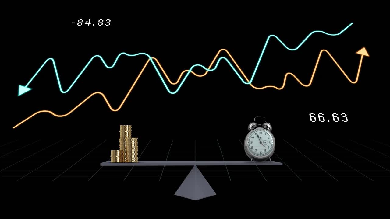 동전 어리와 알람 시계를 가진 스케일에서 금융 데이터 처리의 애니메이션