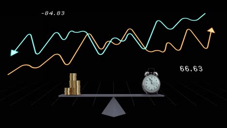animación del procesamiento de datos financieros sobre escalas con pilas de monedas y despertador