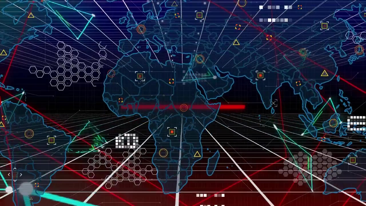 Data processing over world map and plexus networks against grid network on black background