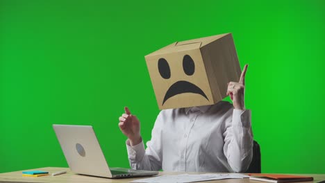 person with box on head working on laptop