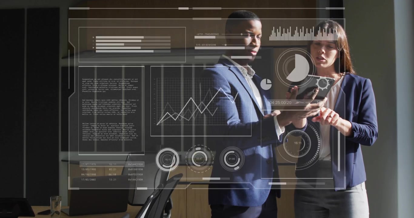 Team standing in meeting examining tablet, man tapping to call AR charts for business briefing