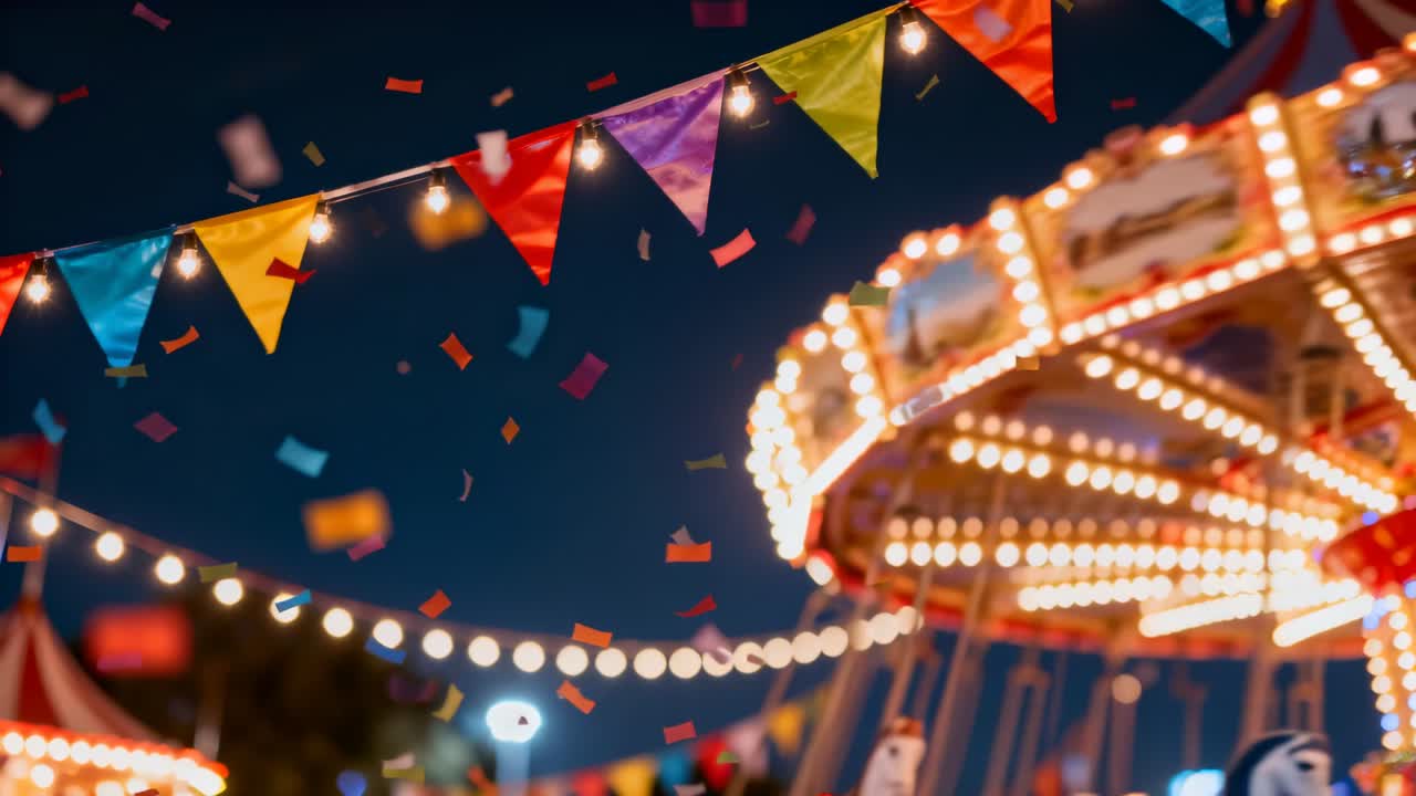Emerging lit carousel rotating at night fair as confetti drifting past lights, bunting, copy space