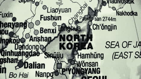 close-up view of a map centered on north korea
