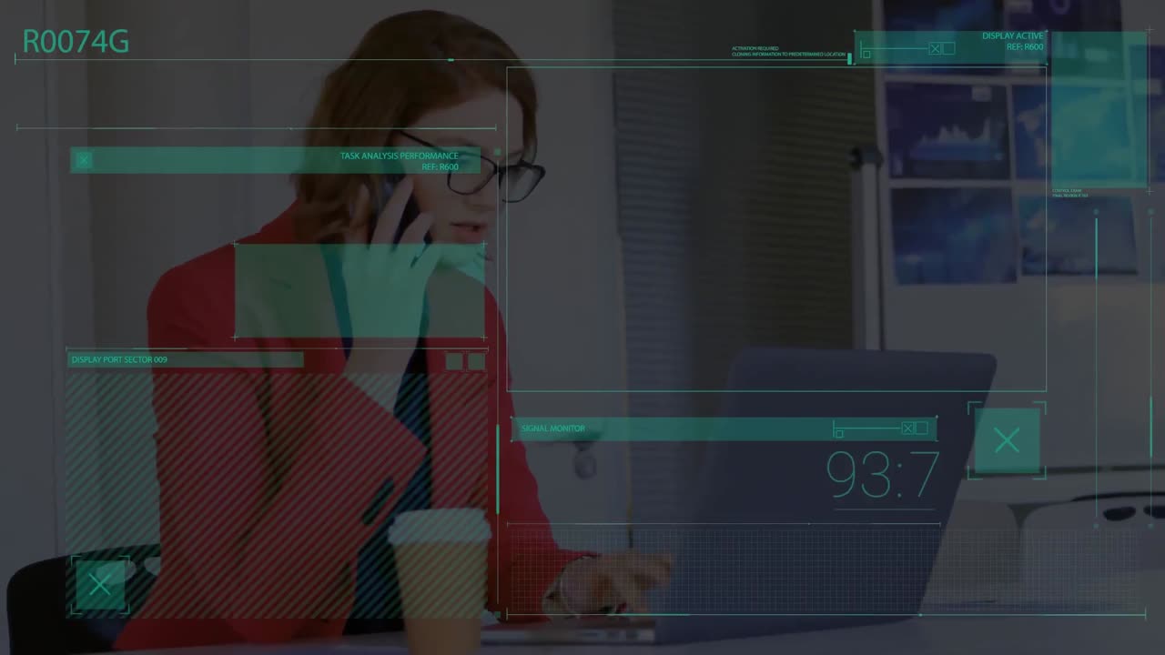 Animation of data processing over caucasian businesswoman using laptop and smartphone