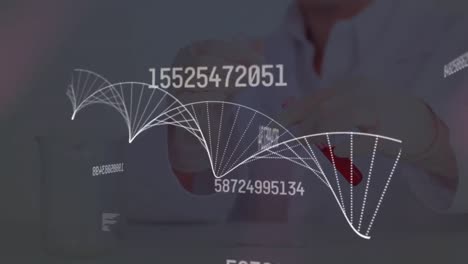 Animation-of-dna-strand-spinning-over-scientist-in-laboratory