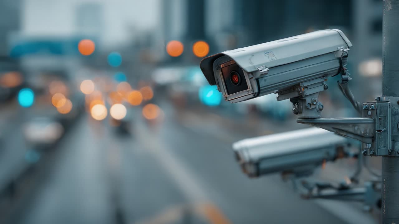 Tecnologia di sorveglianza per il monitoraggio del traffico urbano: primo piano di telecamere a circuito chiuso che ne evidenzia il ruolo nel miglioramento della sicurezza della città e nell'osservazione dell'attività stradale