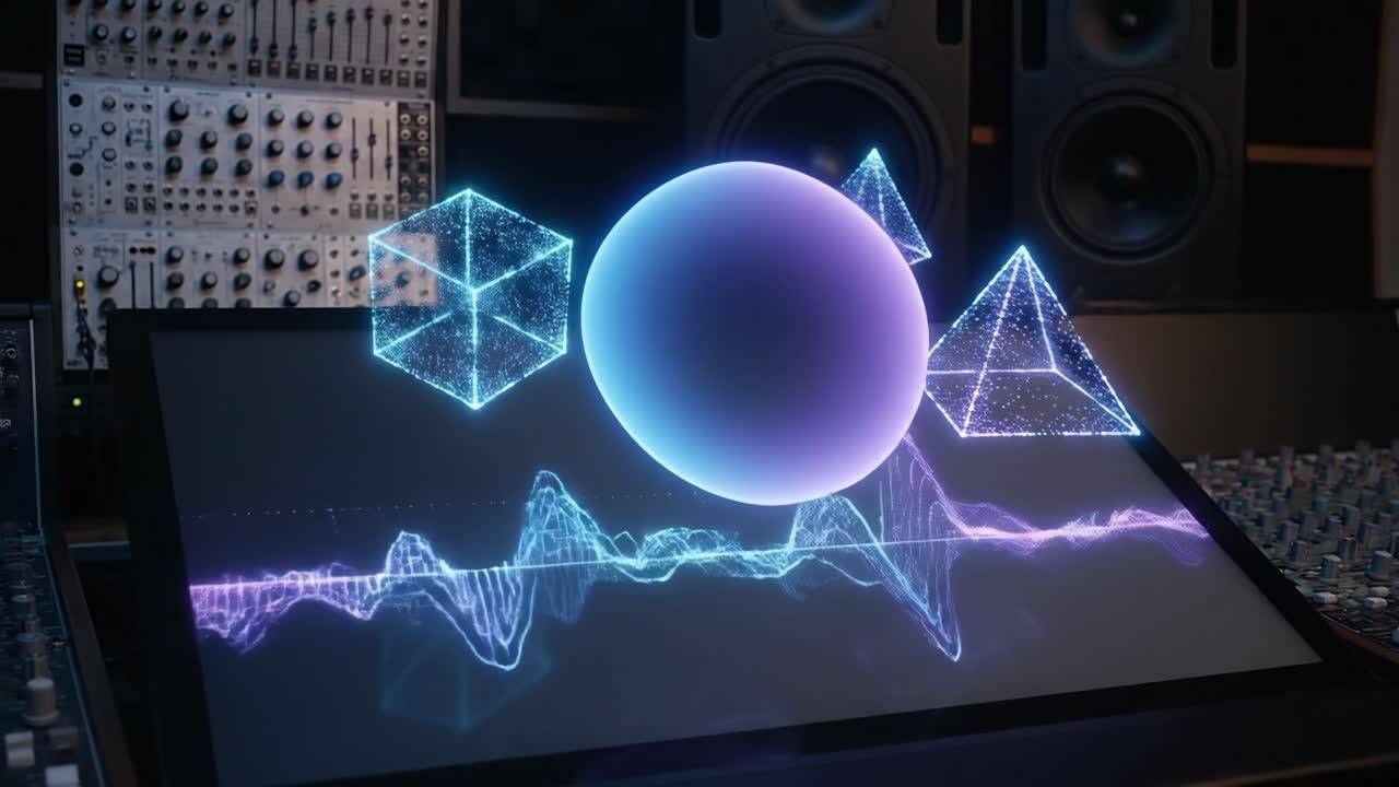 Abstract Glowing Shapes and Sound Waves in a Music Studio
