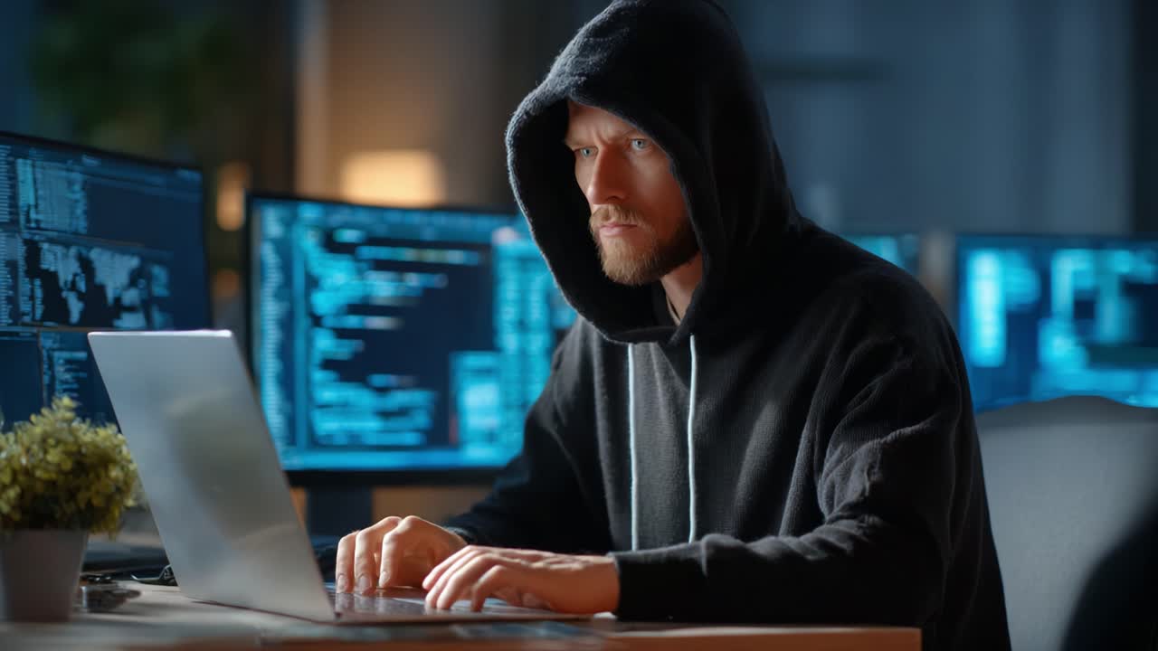 A Focused Individual in a Dark Hoodie Analyzing Data on Multiple Screens, Deep in Concentration and Engaged with Technology in an Intense Digital Environment