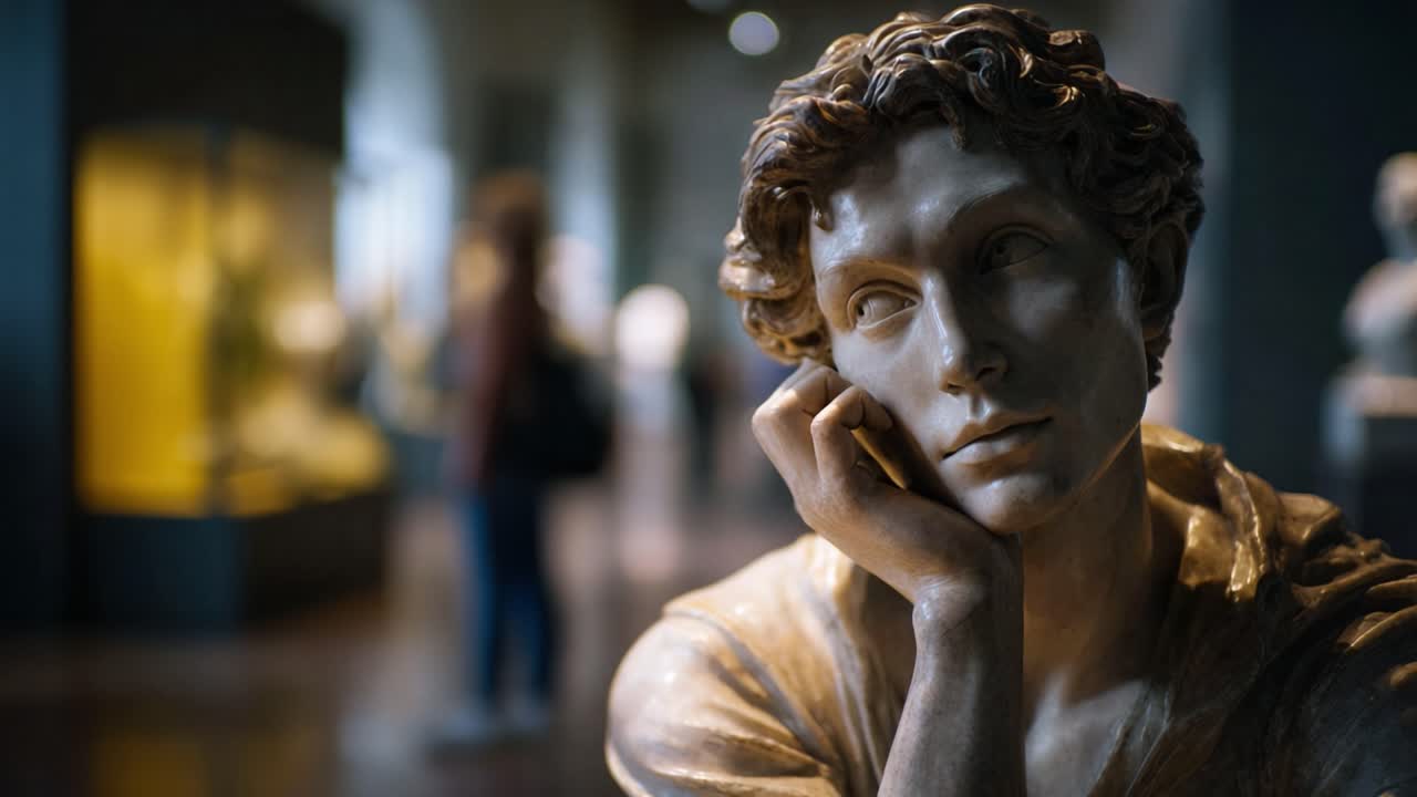 Una scultura che ritrae una figura pensosa intenta a contemplare la vita in un museo d'arte, catturando l'emozione umana e l'espressione artistica in un capolavoro senza tempo.