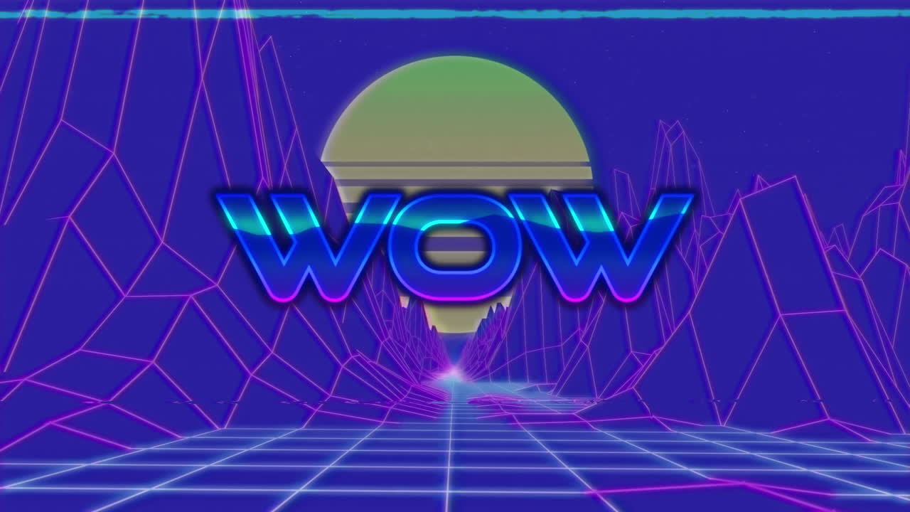 Animation of wow text over 3d model of mountains and sun against abstract background