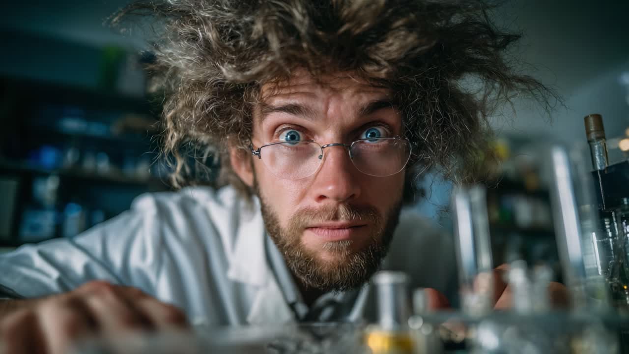 A Surprised Scientist Examines Experiment with Enthusiasm in a Lab, Showcasing Eccentric Hairstyle and Captivating Expression Focused on Discovery and Innovation