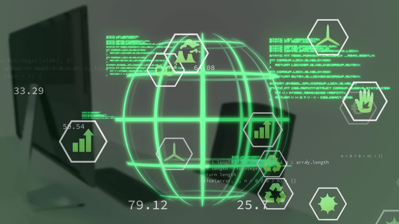 전 세계, 컴퓨터 언어 및 아이콘의 애니메이션 데스크과 사무실에서 비어있는 의자