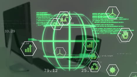 animation of globe, computer language and icons over desktop and unoccupied chair in office