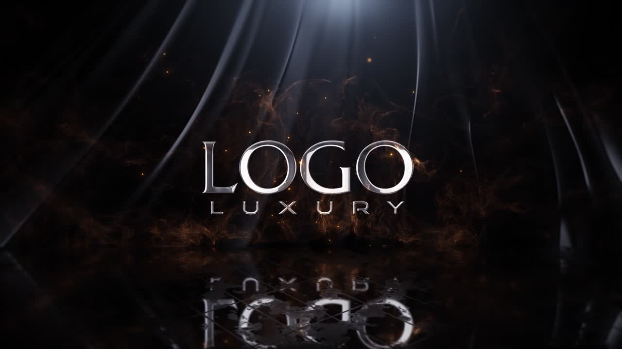 Spettacolare rivelazione del logo con particelle di fuoco su superficie scura riflettente