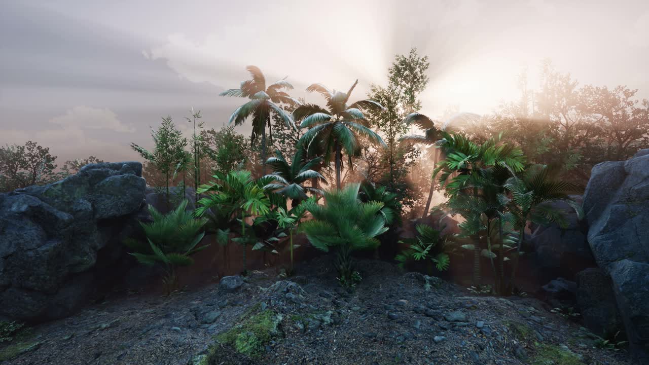 los rayos del atardecer a través de las palmeras