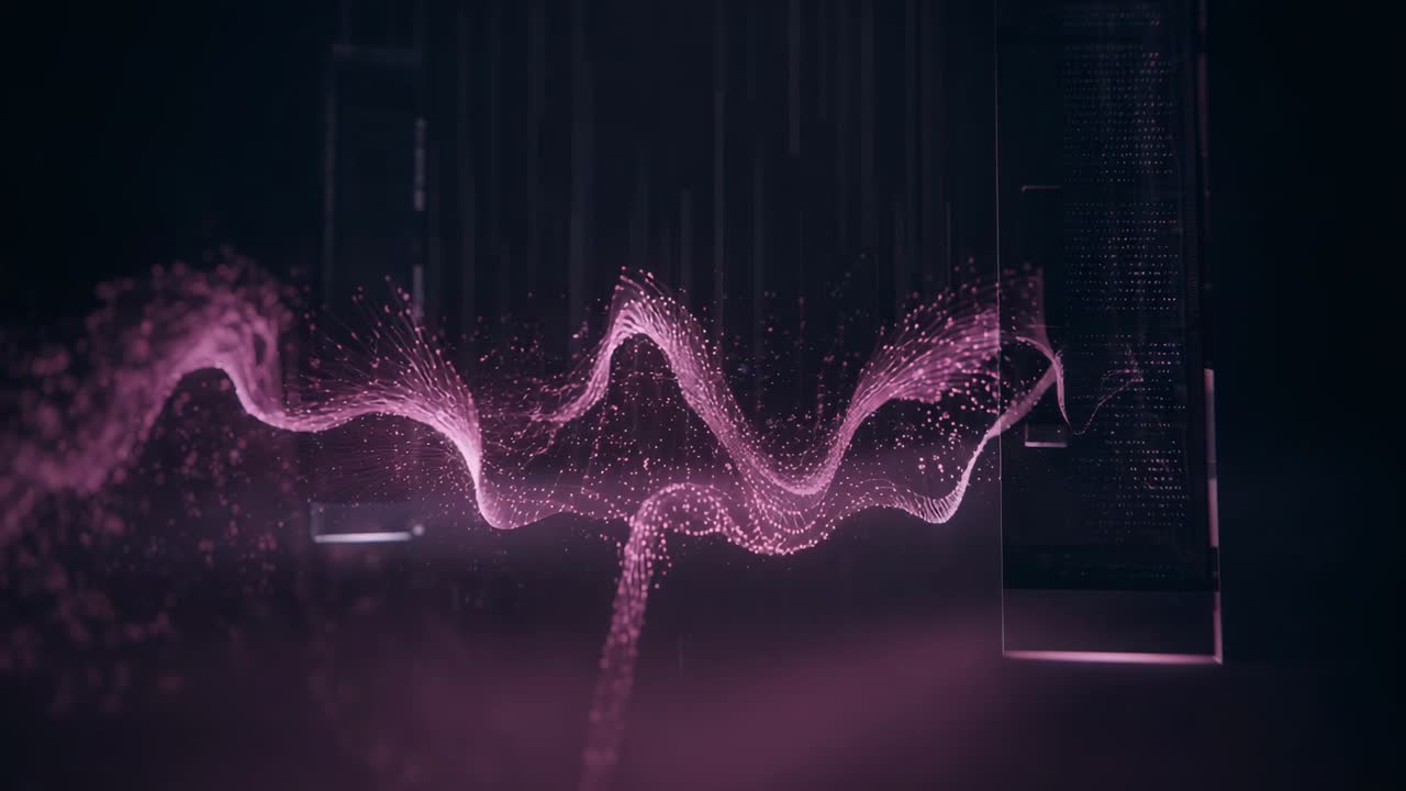 Faint stream sparking pink ribbon forming and pulsing at tech stage, showing data, panel glowing