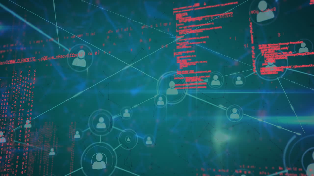 Animation of icons connected with lines over computer language against blue abstract pattern