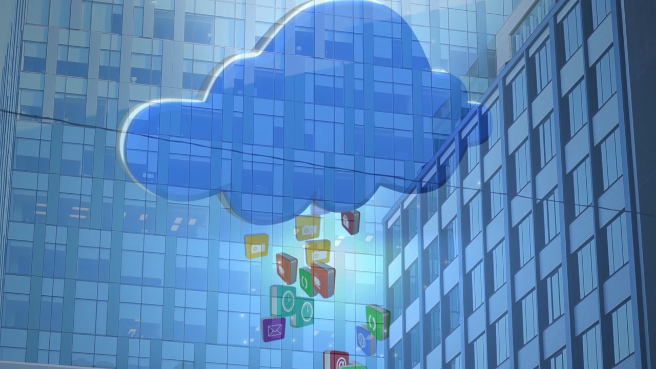 Animation of media icons and hand over cityscape