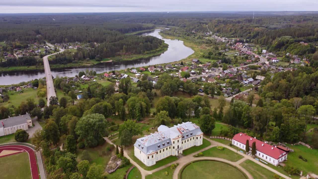 Kraslava manor and winding river of Daugava, aerial view