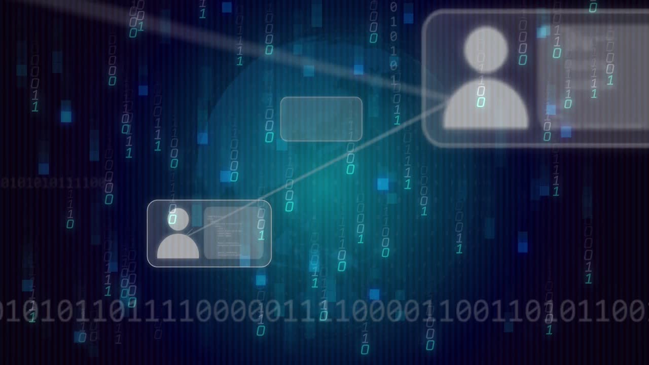 animación de iconos digitales, codificación binaria y procesamiento de datos