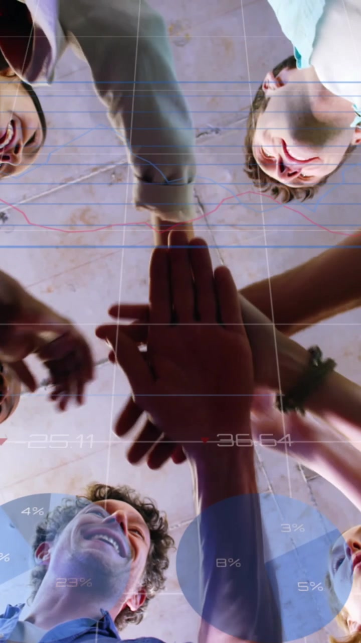Animation of financial data processing over diverse group of business people