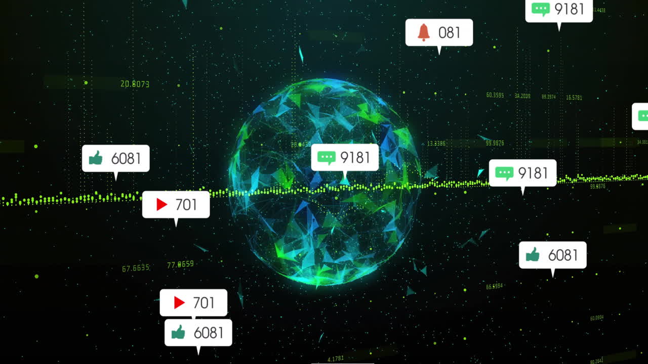 Animation of digital globe with social media notifications and analytics data