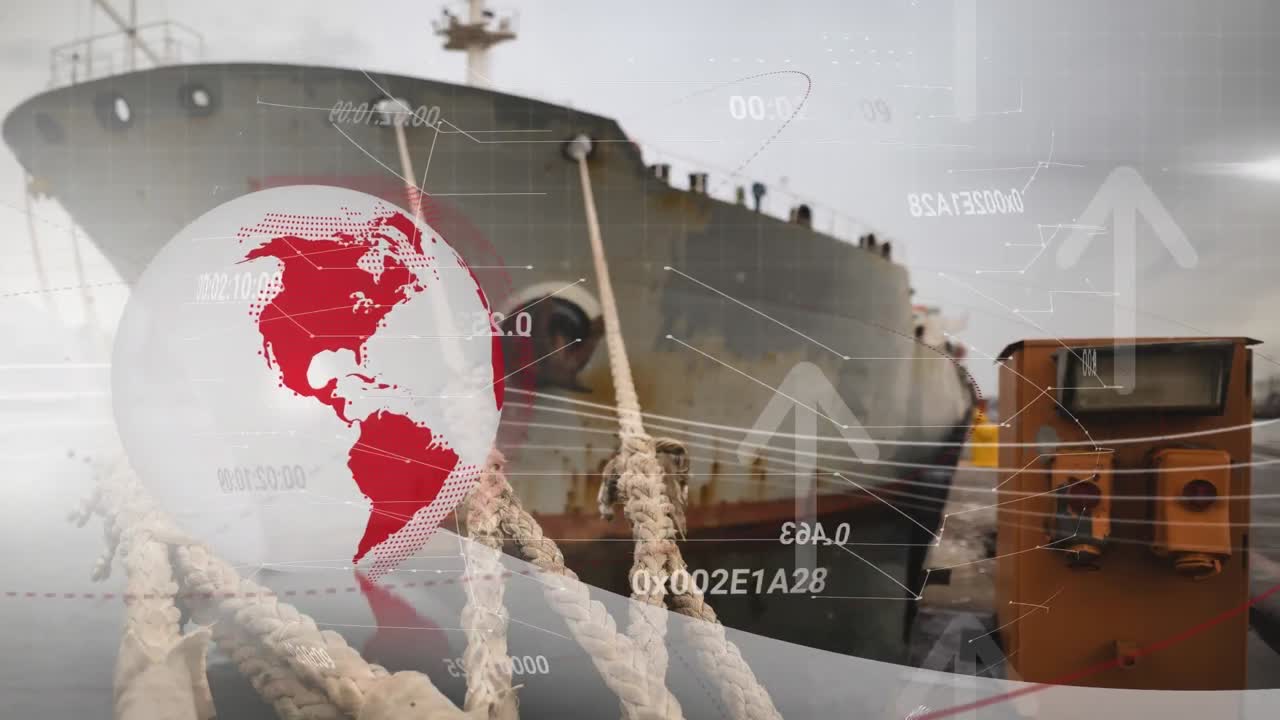 금융 데이터 처리의 애니메이션과 선박 공장 위의 세계