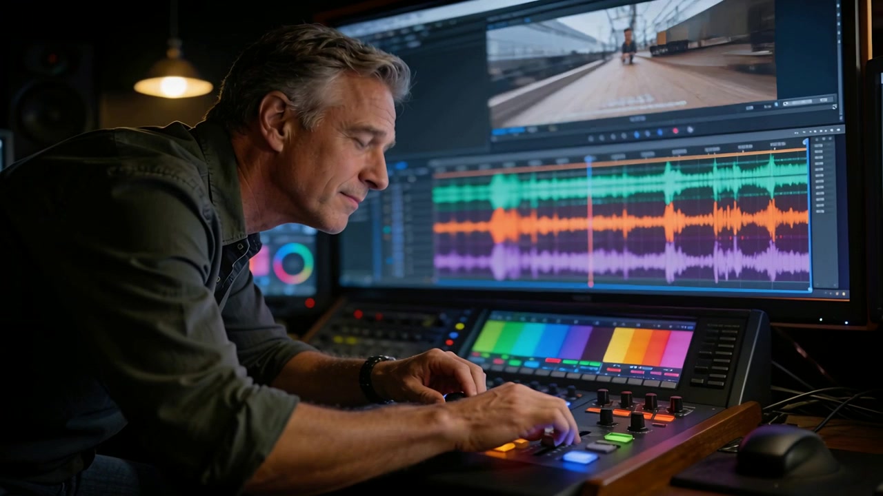 Responding to playback, olive-shirted editor scrubbing in studio using jogwheel, faders, copy space