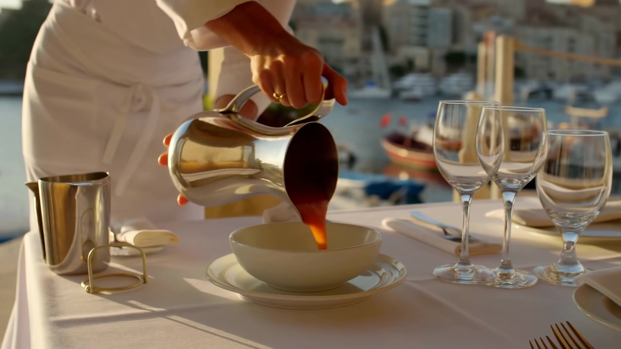 La calda luce solare radente attraversa un tavolo da terrazza ben apparecchiato mentre delle mani inclinano una brocca riflettente, riempiendo una ciotola bianca poco profonda, mentre bicchieri trasparenti e barche ormeggiate rimangono leggermente sfocati sullo sfondo.