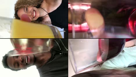 four friends saying cheers over video chat, vertical