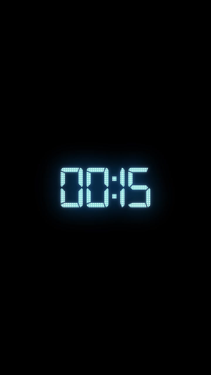 Digital timer countdown background with glowing cyan segmented clock text on black space perfect for