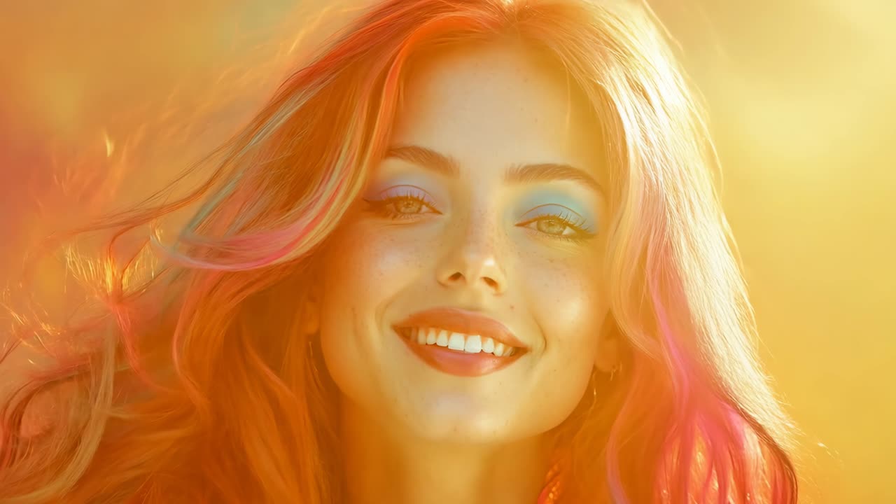 A woman with long red hair and blue eyes is smiling. She is wearing a blue shirt and blue eyeshadow