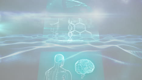 Digital brain and DNA strand animation over abstract blue wave patterns