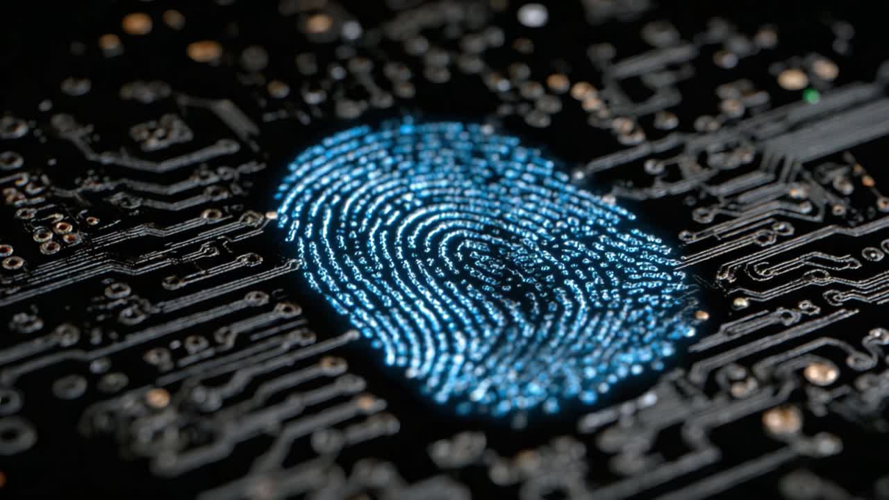 Exploring the Intersection of Technology and Identity: A Close-Up View of a Digital Fingerprint on a Circuit Board Background Highlighting Security Innovations
