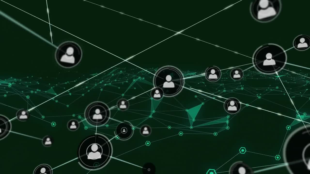 Animation of network of connections with digital people icons over green triangles