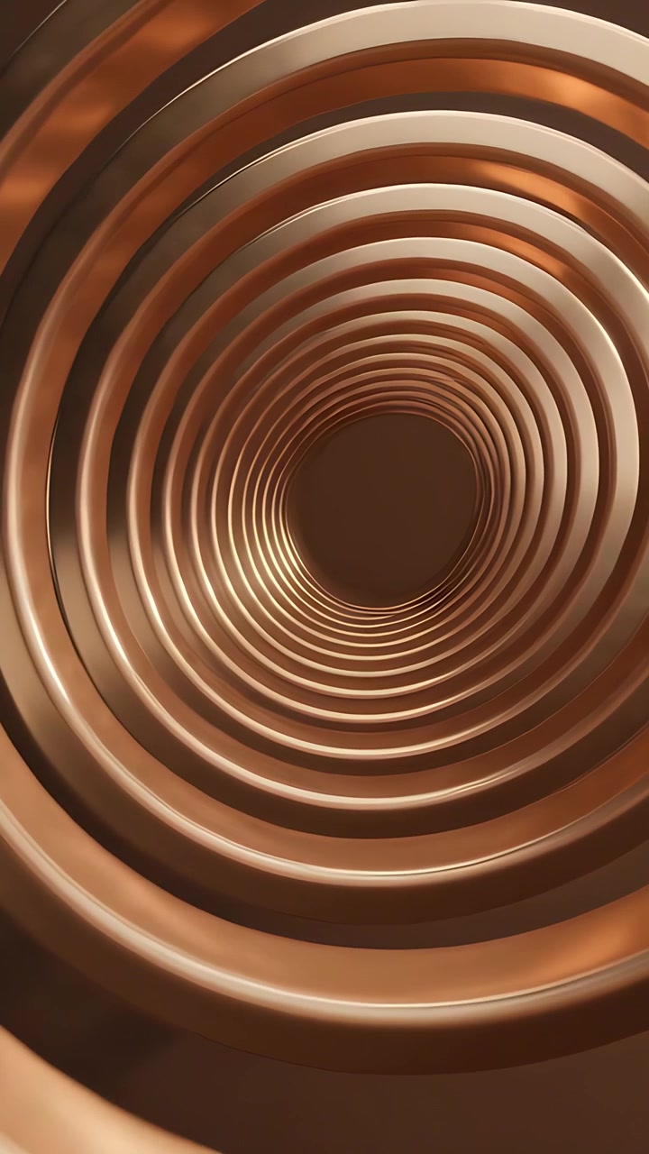 Video verticale: Telecamera in movimento che attraversa anelli metallici concentrici in un tunnel, rivelando un vuoto centrale.