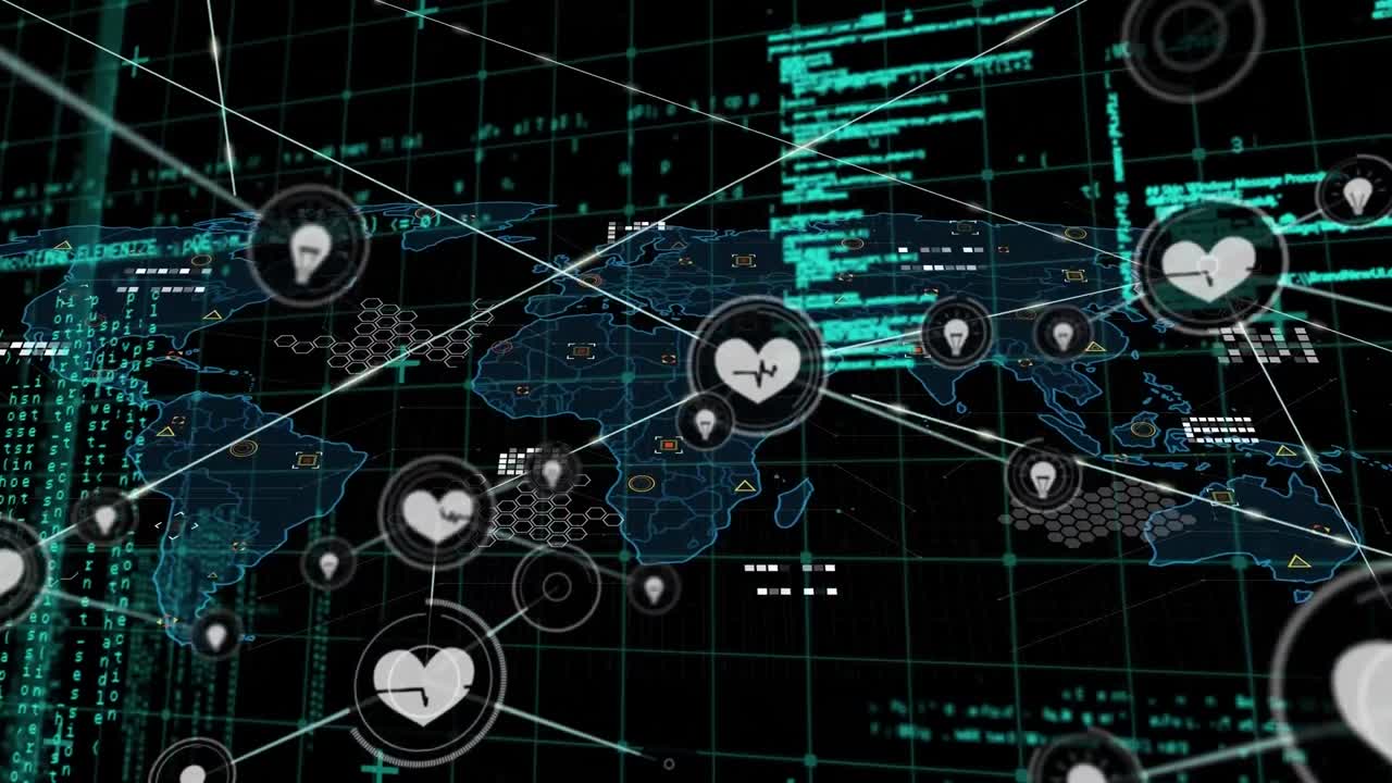 Animation of data processing and world map over network of connections