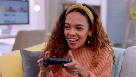 Happy-woman,-controller-and-playing-video-games