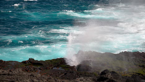 turquoise ocean waters spraying through blow hole in rock coastline on punta suarez in the galapagos