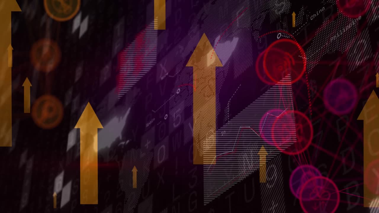 Animation of arrows and financial data processing over black background