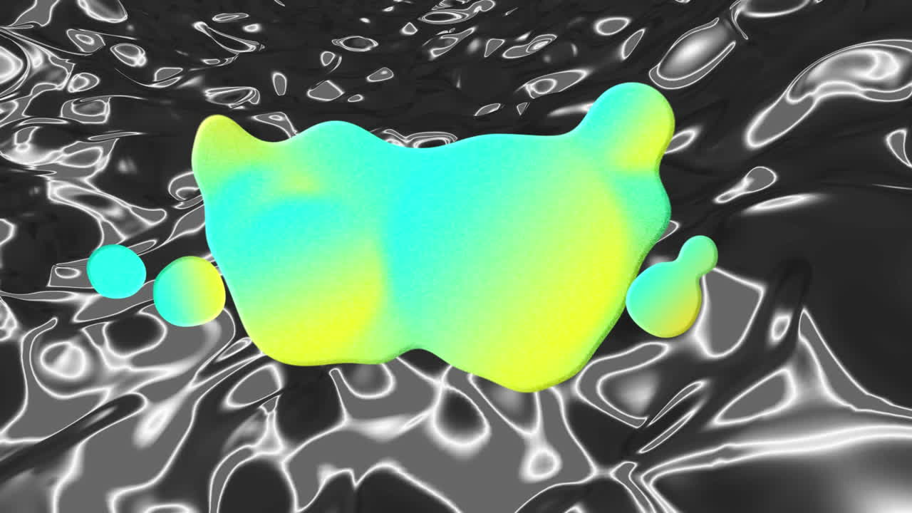 銀色の液体背景の上に形成される3dの青と黄の形のアニメーション