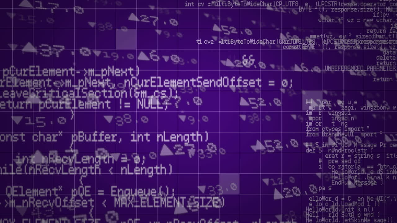 Animation of data and information with moving numbers and arrows over a grid