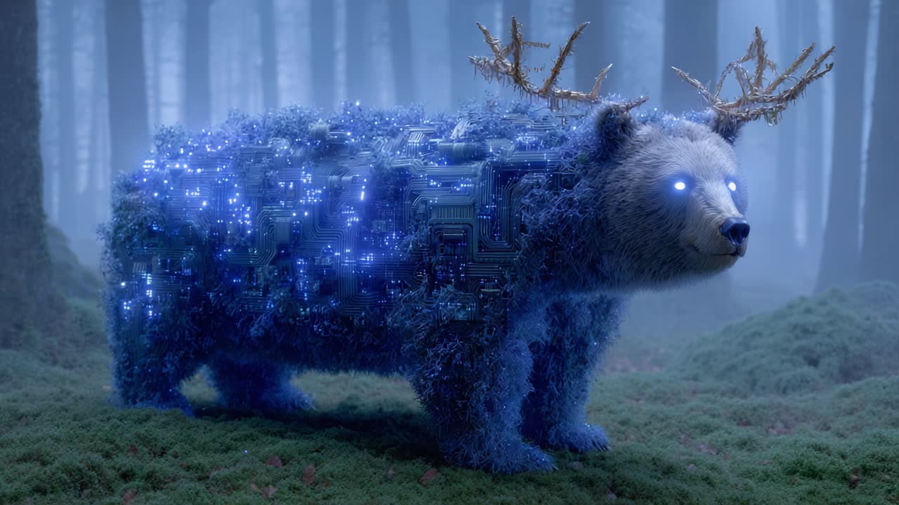 A Mystical Cybernetic Bear in a Foggy Forest, Combining Nature and Technology with Intricate Circuitry and Sparkling Lights to Create an Enchanting Scene