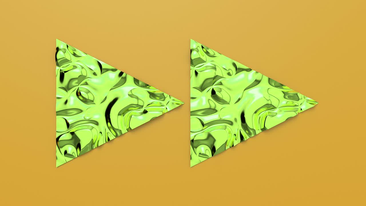 삼각형 모양의 빠른 전진 버튼의 3d 루프 애니메이션, 파동이있는 파란색 표면, 트렌디한 활기찬 텍스처, 패션 섬유, 그래픽 디자인, 애니메이션 금속 텍스처.