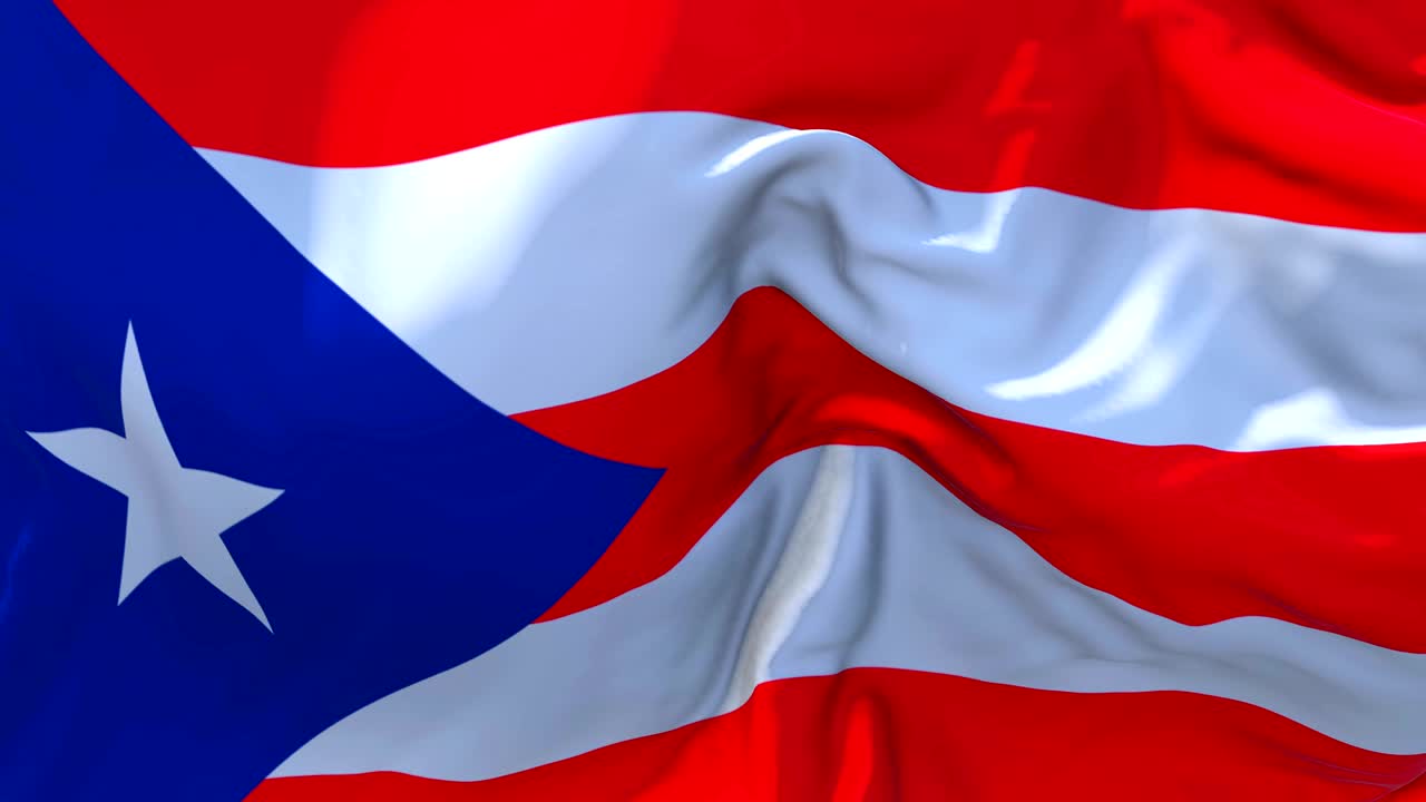 Bandiera di Porto Rico che sventola al vento in slow motion. Animazione 4K con texture di tessuto realistica, sventolio fluido in una giornata ventosa, sfondo in loop continuo e senza interruzioni.