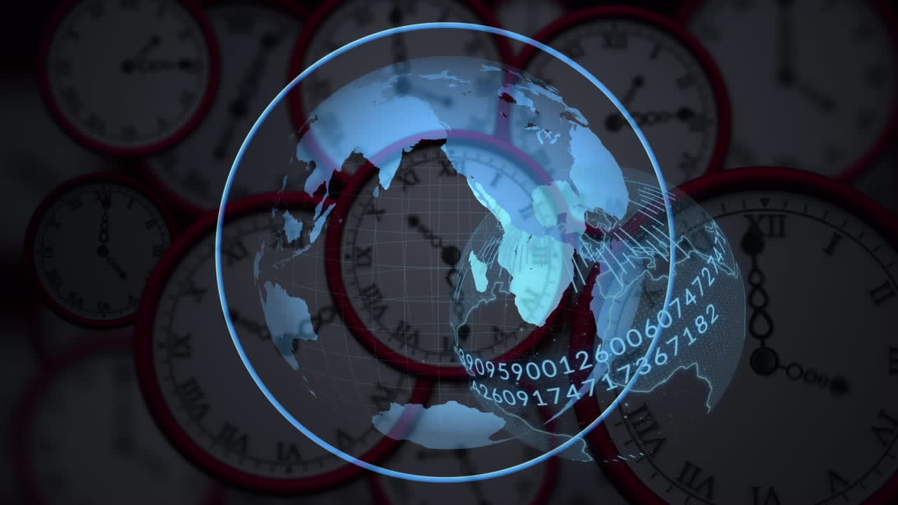 animación del globo giratorio y procesamiento de datos sobre relojes giratorios