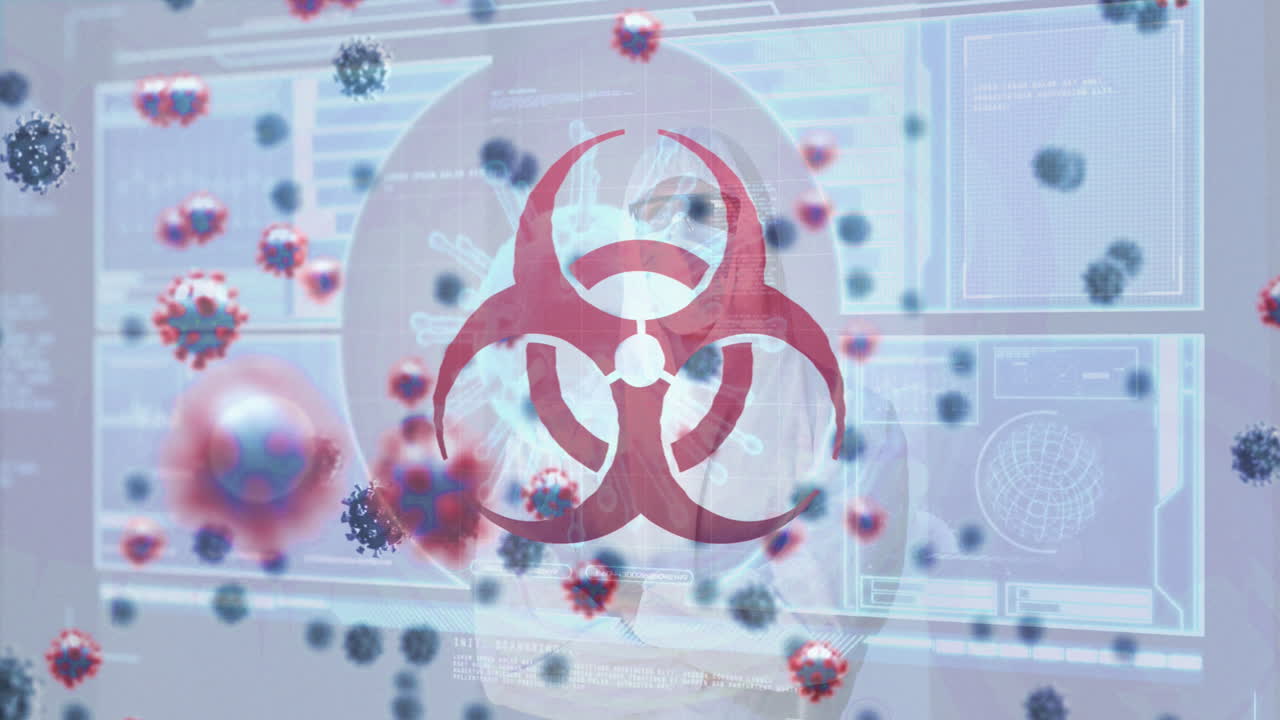 코로나 세포의 애니메이션 남성 의사가 의료 데이터 처리로 화면을 보고 있습니다.