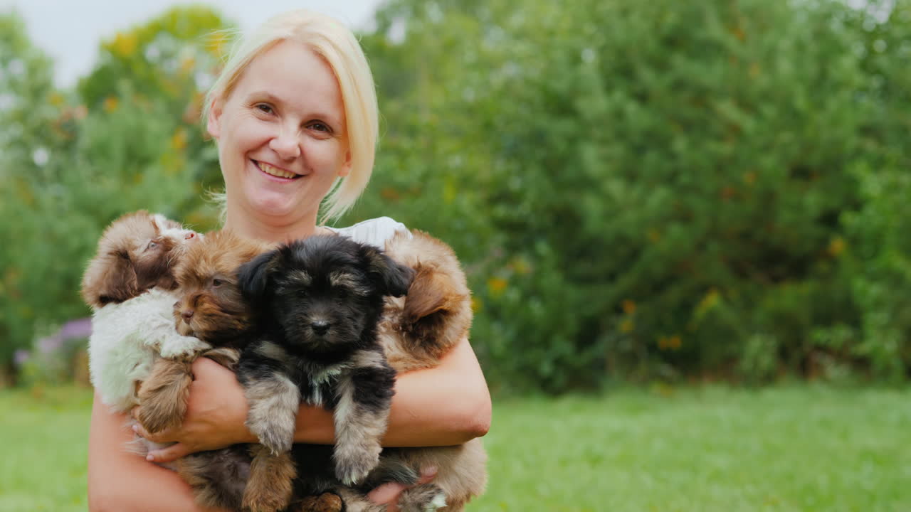 귀여운 강아지를 들고 행복한 여자