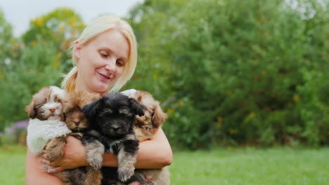 happy woman holding cute puppies